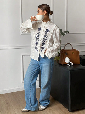 Frenchy Women's Floral Print Ruffle Trim Stand Collar Long Sleeve Blouse