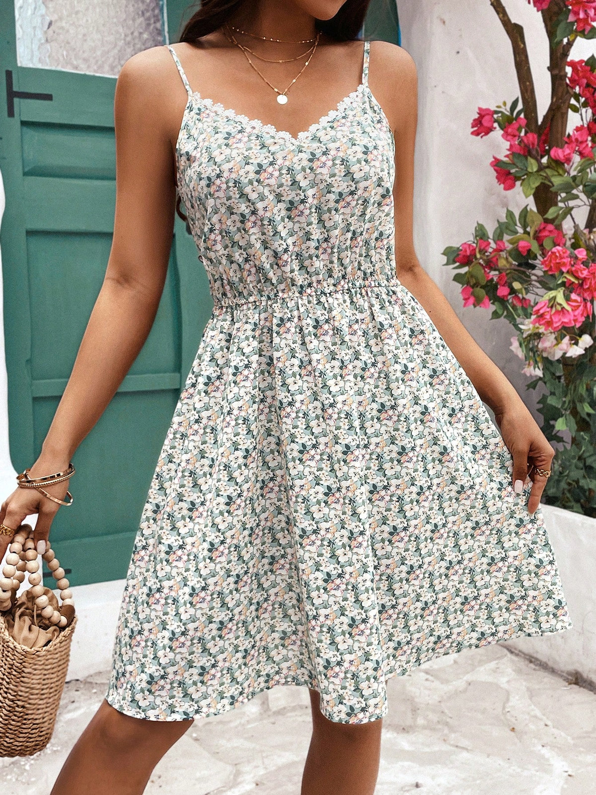 Women's Floral Print Splicing Lace Cami Dress