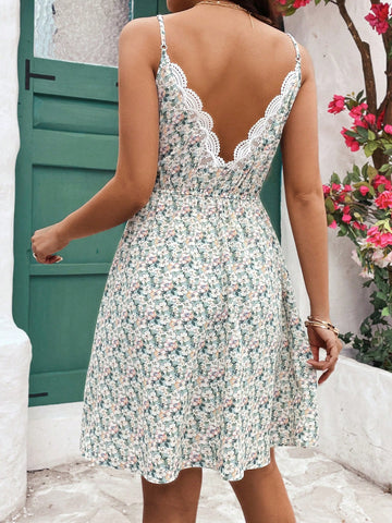 Women's Floral Print Splicing Lace Cami Dress