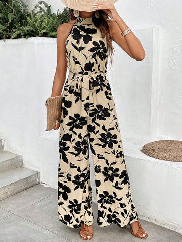 Women's Floral Print Stand Collar Halter Jumpsuit