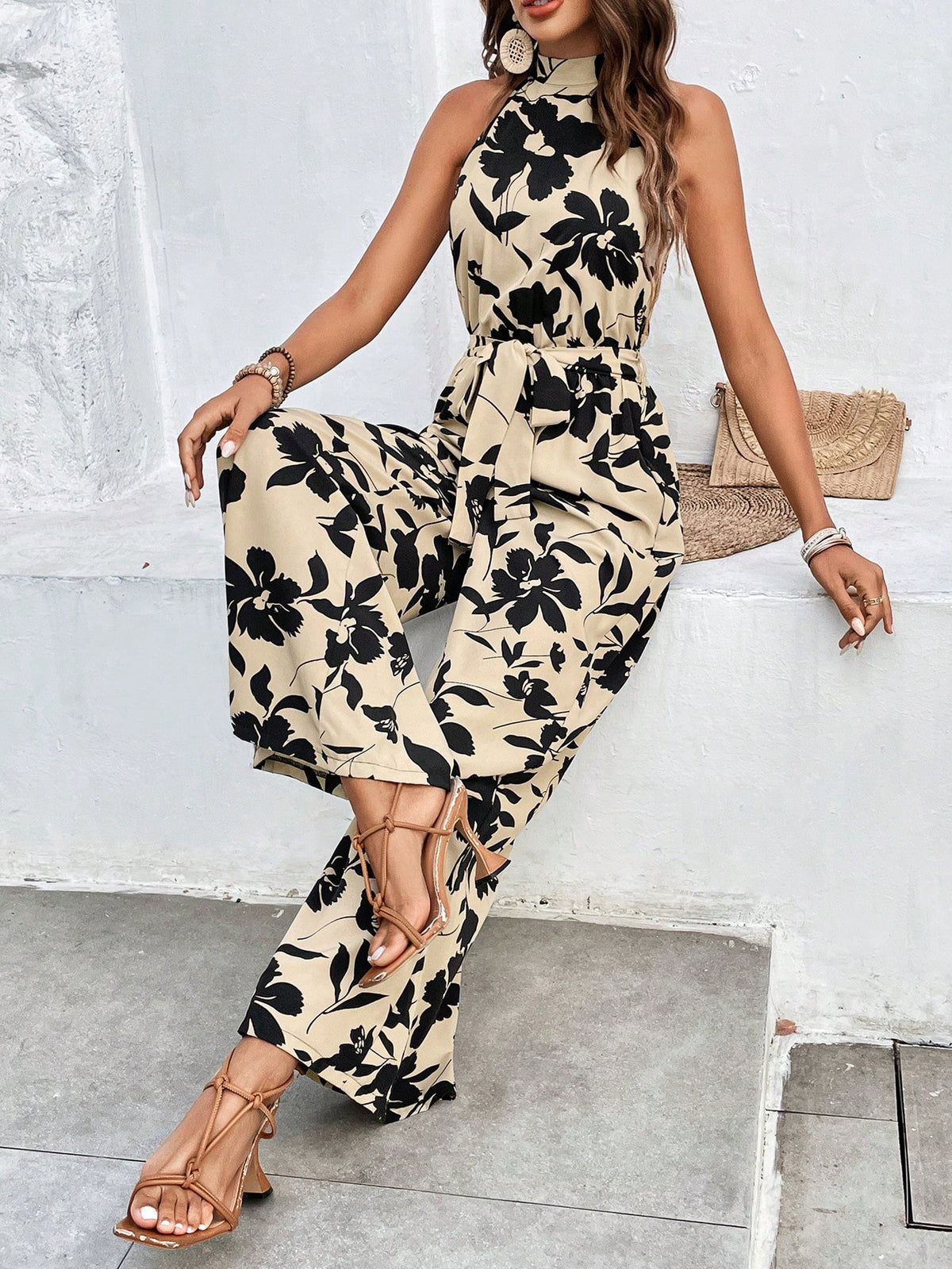 Women's Floral Print Stand Collar Halter Jumpsuit