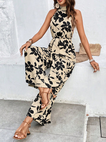 Women's Floral Print Stand Collar Halter Jumpsuit