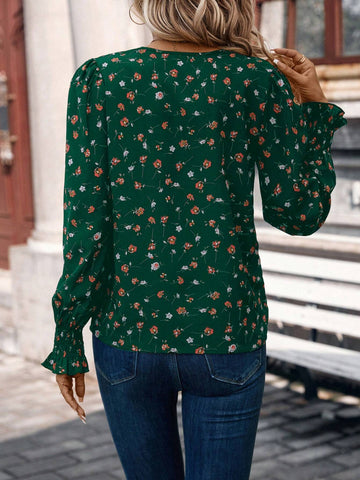 Frenchy Women's Floral Print V-Neck Long Sleeve Elegant Shirt