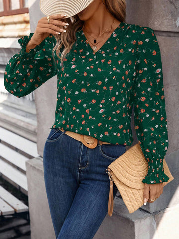 Frenchy Women's Floral Print V-Neck Long Sleeve Elegant Shirt