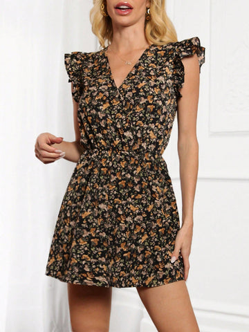 Women's Floral Print V-Neck Ruffle Trim Backless Jumpsuit