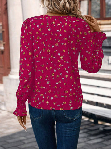 Frenchy Women's Floral Print V Neck Long Sleeve Blouse