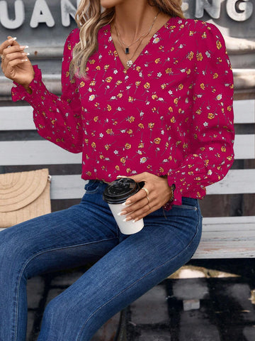 Frenchy Women's Floral Print V Neck Long Sleeve Blouse