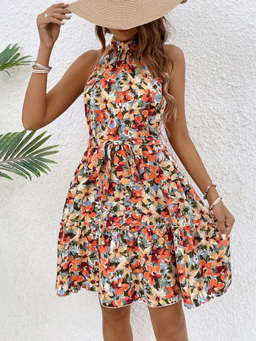 Women's Floral Printed Halter Neck Dress
