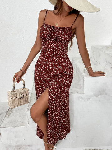 Women's Flower Printed High Split Spaghetti Strap Dress