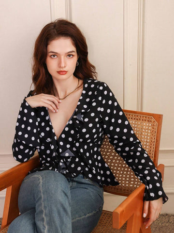 Frenchy Women's French Elegant Ruffle Hem Tie-Front Button-Up Shirt, Long Sleeve Top, Teacher Shirt