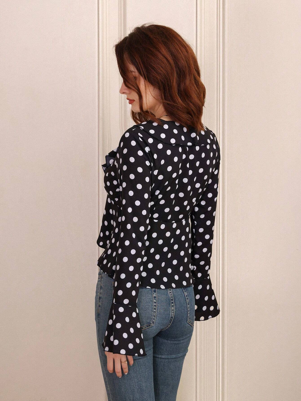 Frenchy Women's French Elegant Ruffle Hem Tie-Front Button-Up Shirt, Long Sleeve Top, Teacher Shirt