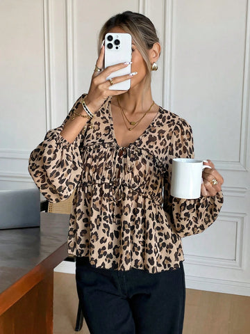 Frenchy Women's Front Tie Long Sleeve Leopard Print Casual Shirt