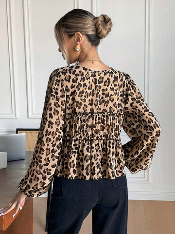 Frenchy Women's Front Tie Long Sleeve Leopard Print Casual Shirt