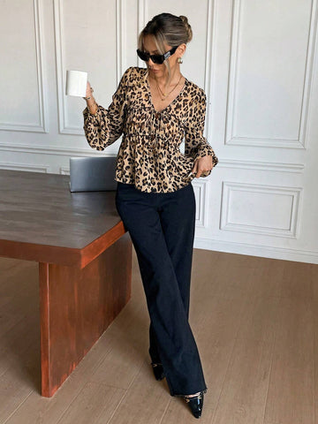 Frenchy Women's Front Tie Long Sleeve Leopard Print Casual Shirt