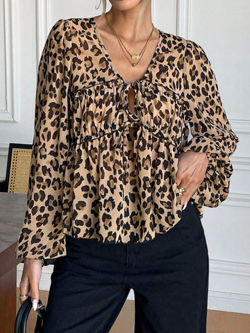 Frenchy Women's Front Tie Long Sleeve Leopard Print Casual Shirt