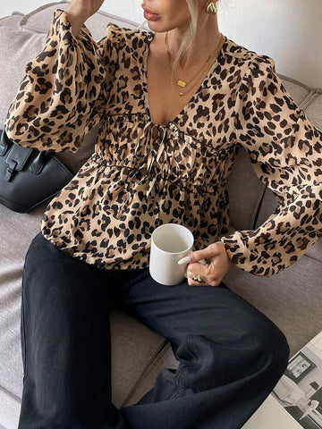 Frenchy Women's Front Tie Long Sleeve Leopard Print Casual Shirt