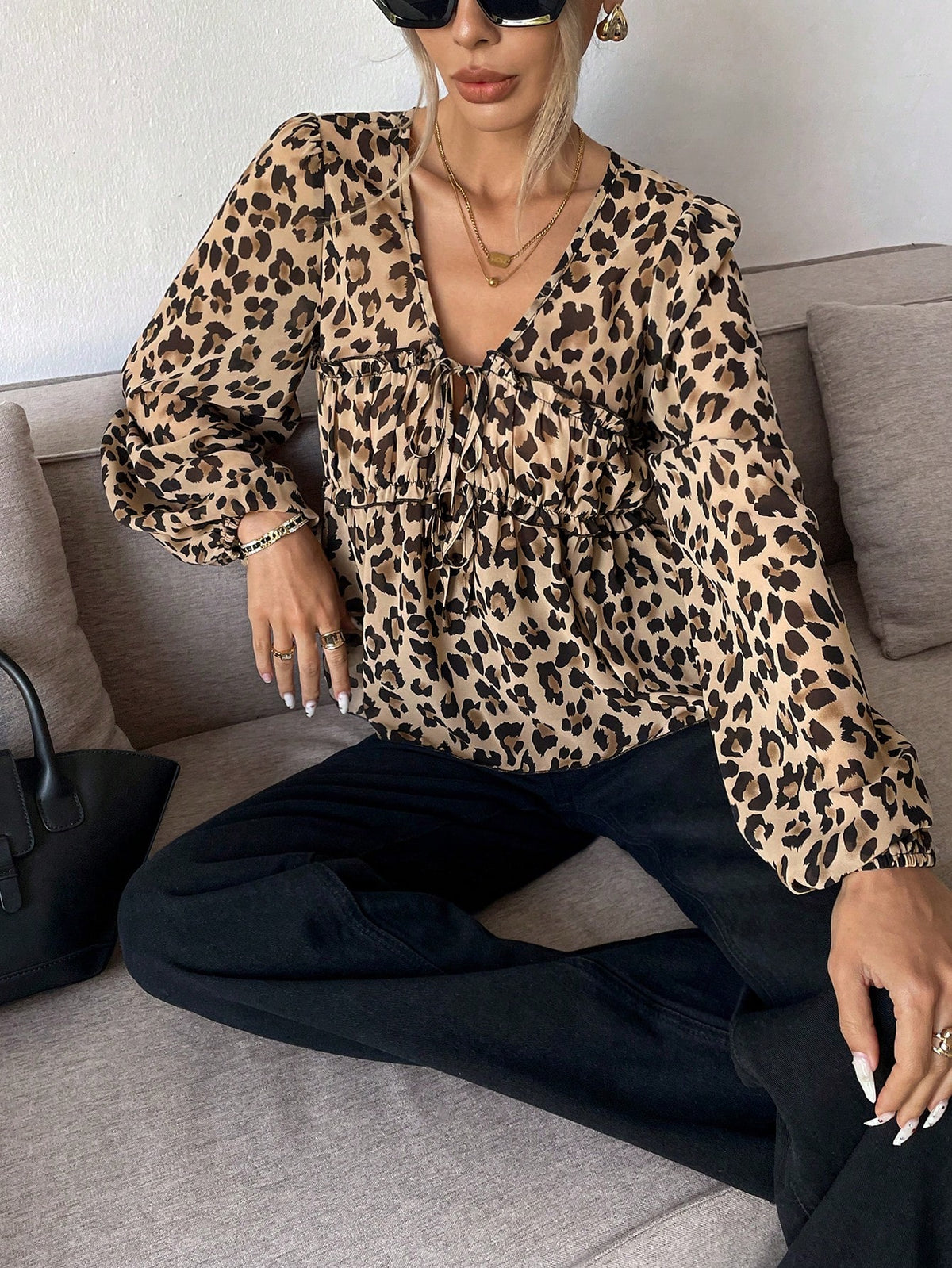 Frenchy Women's Front Tie Long Sleeve Leopard Print Casual Shirt