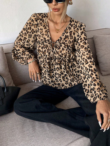 Frenchy Women's Front Tie Long Sleeve Leopard Print Casual Shirt