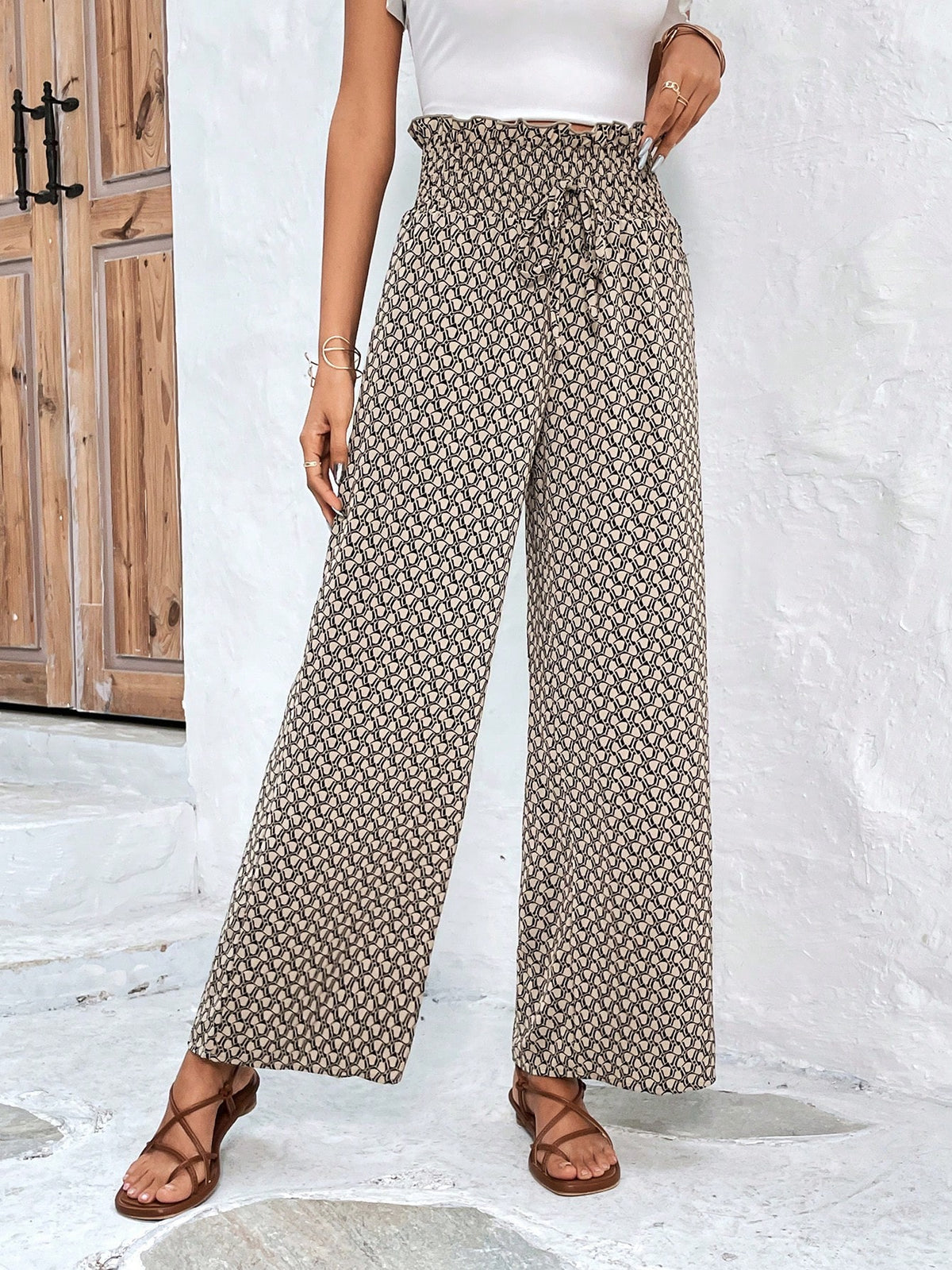 Frenchy Women's Full Print Paper Bag Waist Pants