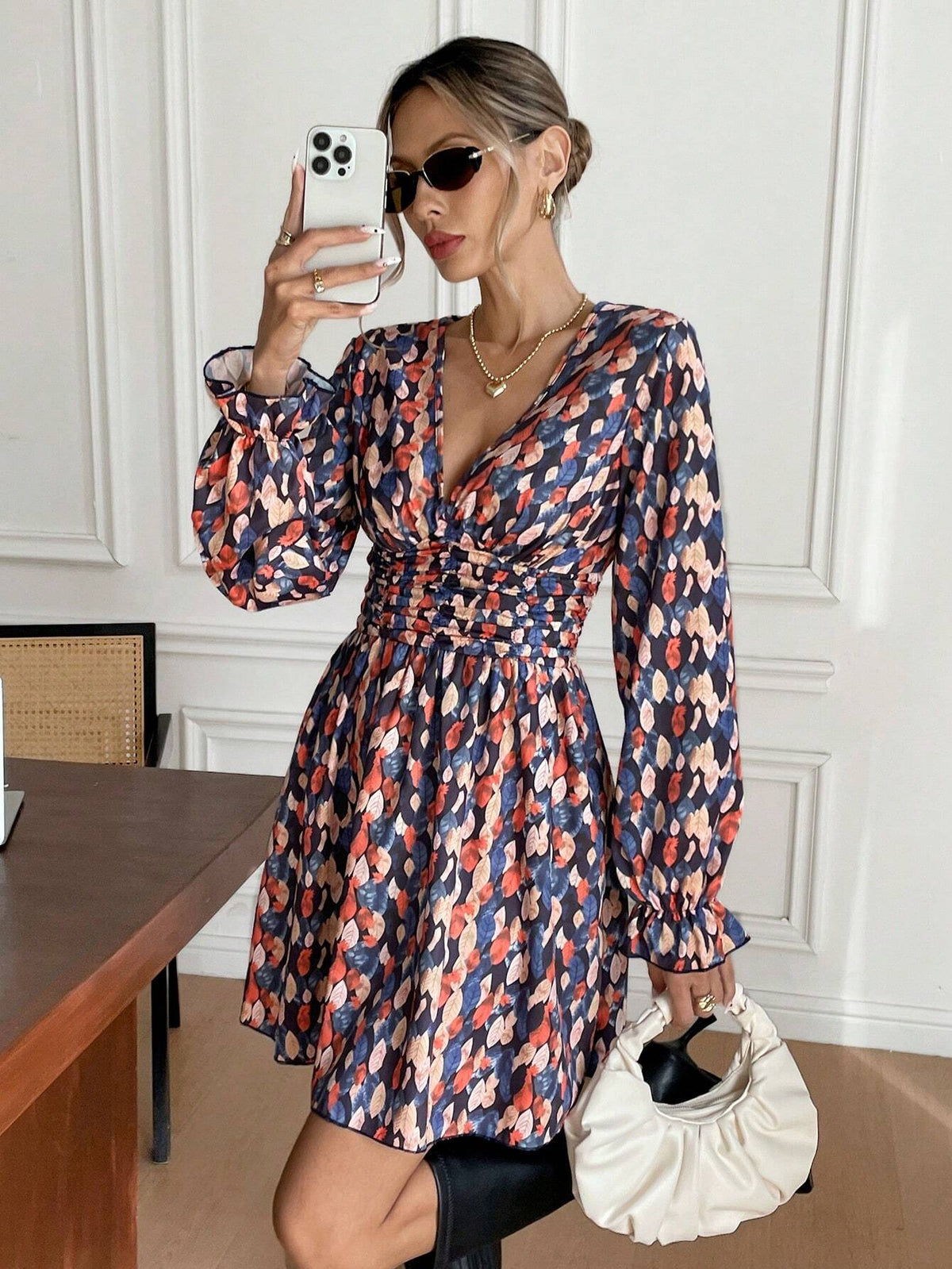 Women's Full Print V-Neck Ruched Elegant Long Sleeve Short Dress