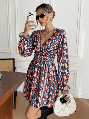 Women's Full Print V-Neck Ruched Elegant Long Sleeve Short Dress