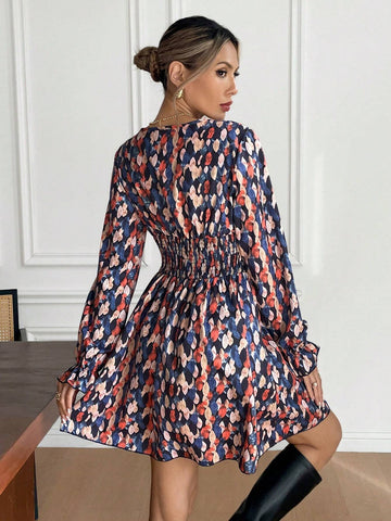 Women's Full Print V-Neck Ruched Elegant Long Sleeve Short Dress