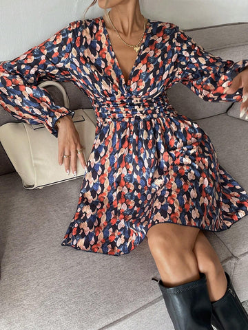 Women's Full Print V-Neck Ruched Elegant Long Sleeve Short Dress