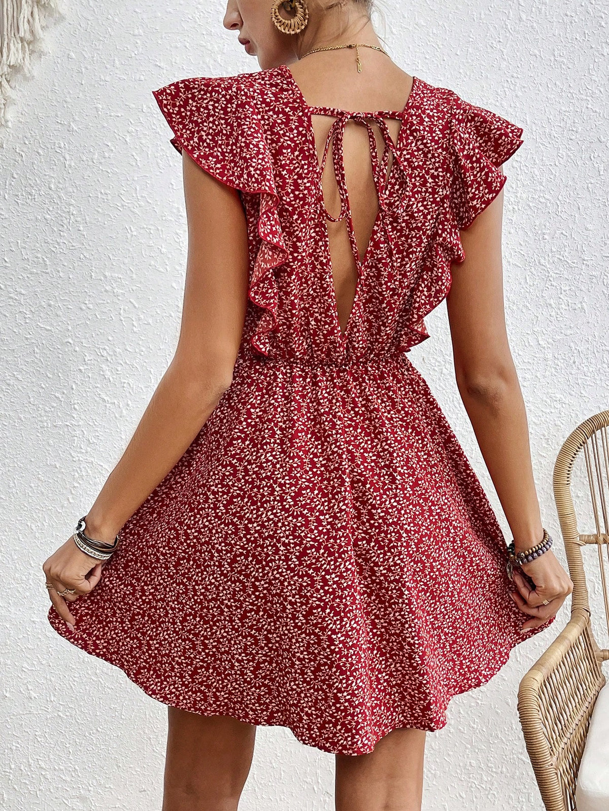 Women's Full Printed Plant Pattern Flying Sleeve Dress