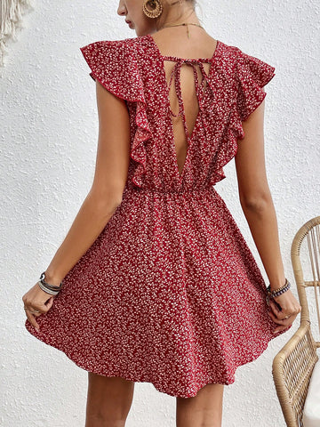 Women's Full Printed Plant Pattern Flying Sleeve Dress