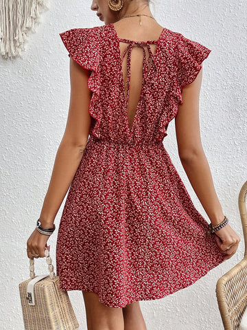 Women's Full Printed Plant Pattern Flying Sleeve Dress