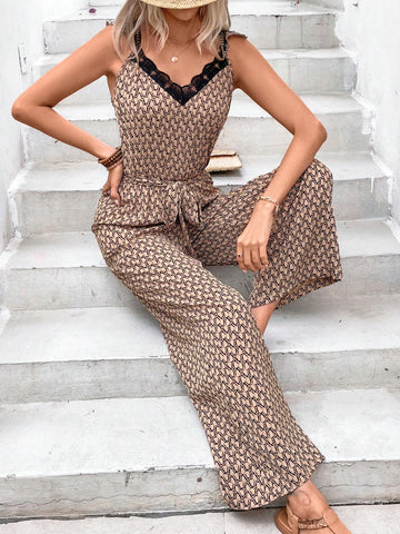 Women's Geometric Print Lace Spliced Wide Leg Jumpsuit