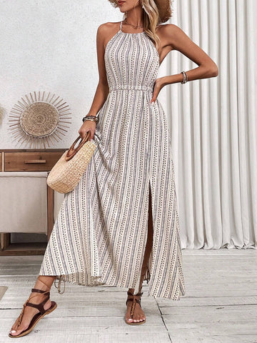 Women's Geometric Print Vacation Halter Neck Dress