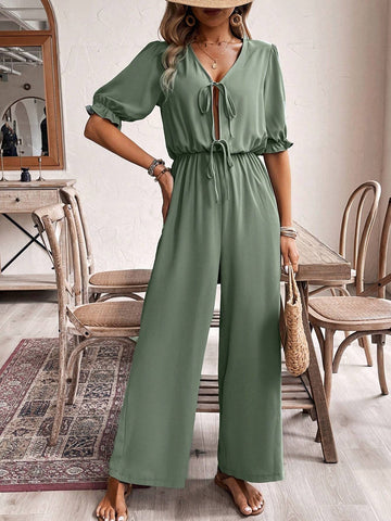 Women's Green Tie Front Jumpsuit In Fabric Texture, Summer,Romper,Old Money Outfits