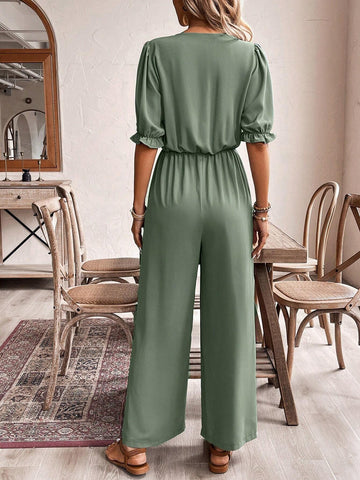 Women's Green Tie Front Jumpsuit In Fabric Texture, Summer,Romper,Old Money Outfits