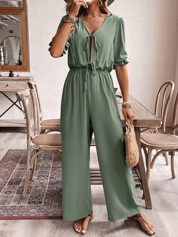 Women's Green Tie Front Jumpsuit In Fabric Texture, Summer,Romper,Old Money Outfits