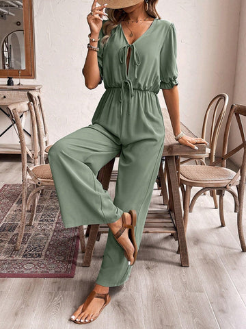 Women's Green Tie Front Jumpsuit In Fabric Texture, Summer,Romper,Old Money Outfits