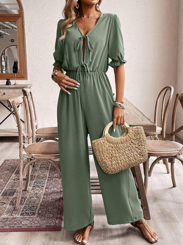 Women's Green Tie Front Jumpsuit In Fabric Texture, Summer,Romper,Old Money Outfits