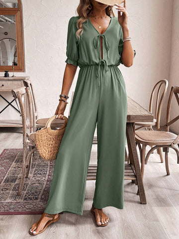 Women's Green Tie Front Jumpsuit In Fabric Texture, Summer,Romper,Old Money Outfits
