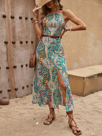 Frenchy Women's Halter Neck Paisley Printed Dress