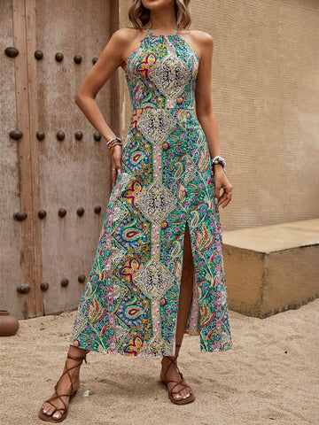 Frenchy Women's Halter Neck Paisley Printed Dress