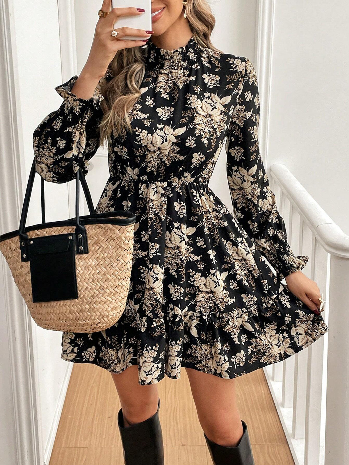 Women's Holiday Casual Floral All-Over Print Mini Dress