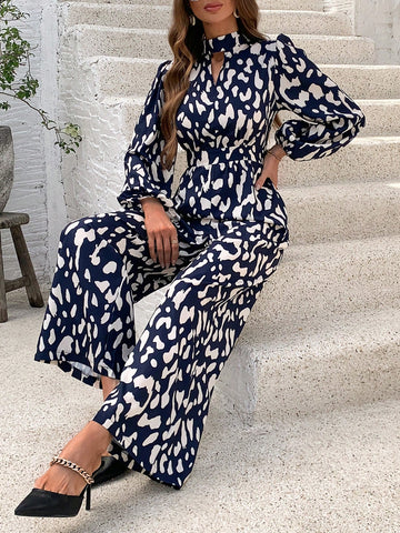Women's Jumpsuit With High Neckline, Lantern Sleeves And All-over Print