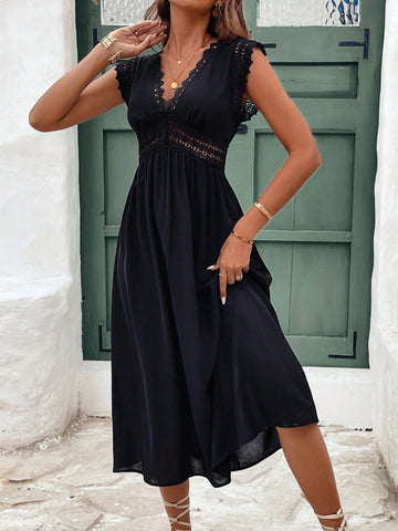 Women's Lace Patchwork Waist Cinched A-Line Dress