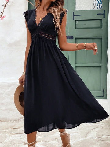 Women's Lace Patchwork Waist Cinched A-Line Dress