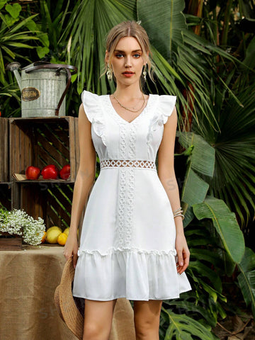 Women's Lace Trim V-Neck Ruffle Hem Bodycon Dress