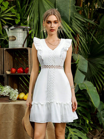 Women's Lace Trim V-Neck Ruffle Hem Bodycon Dress