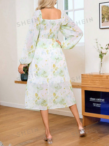 Women's Lantern Sleeve Floral Chiffon Print Dress