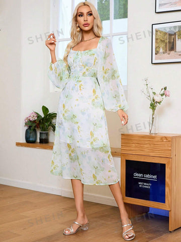 Women's Lantern Sleeve Floral Chiffon Print Dress