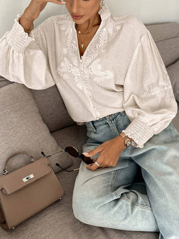 Frenchy Women's Leisure Holiday White Embroidered Button-Up Blouse