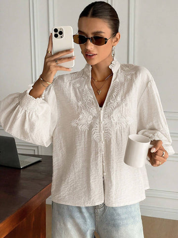 Frenchy Women's Leisure Holiday White Embroidered Button-Up Blouse